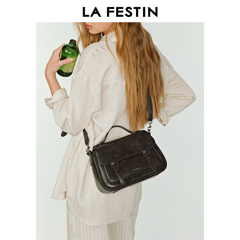 拉菲斯汀(La Festin)头层牛皮邮差包包女2025新款大容量单肩斜挎包通勤手提包 622508 【头层牛皮】暮色黑