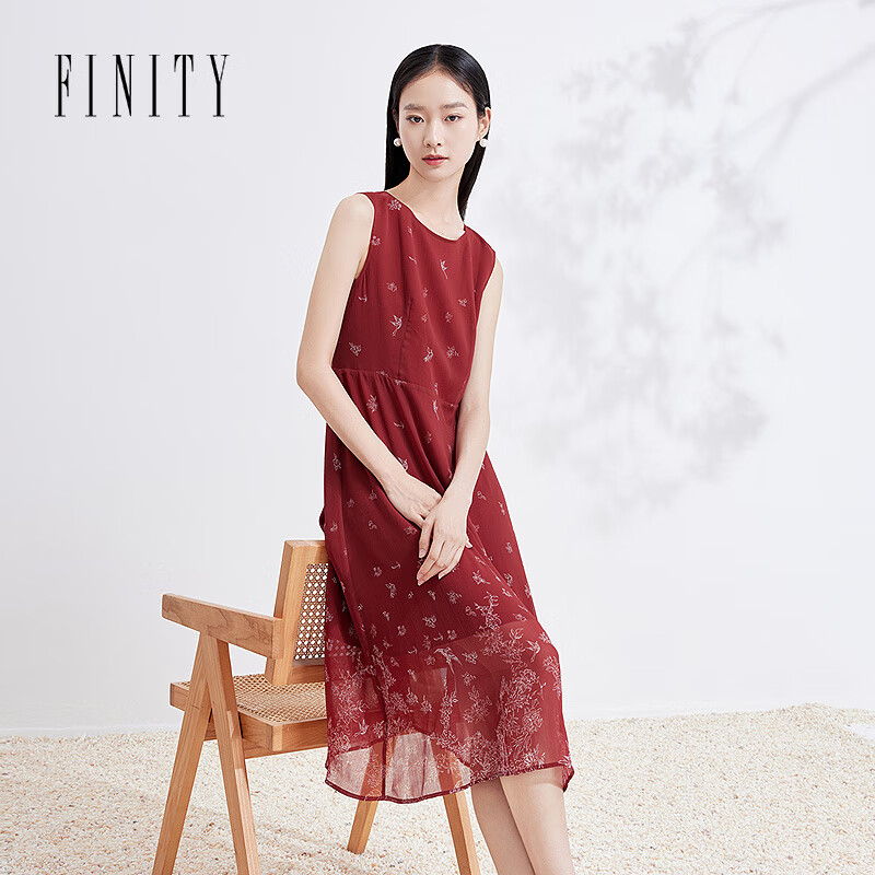 菲妮迪（FINITY）【商场同款】连衣裙2025年夏季新款简约红色印花无袖裙子女 酒红印花 S