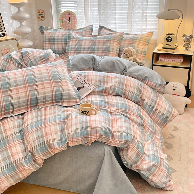 羽匠春季小清新印花四件套学生宿舍套件家用床单柔软四件套ins 彩绘格 床单款 （被套180*220cm）四件套