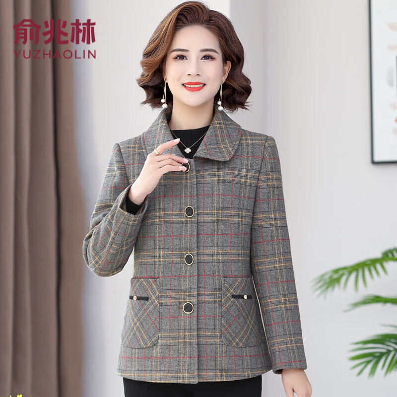 俞兆林妈妈装春秋外套女2025春秋短外套中老年女装格子短款新款洋气休闲 灰色 XL (建议90-110斤)