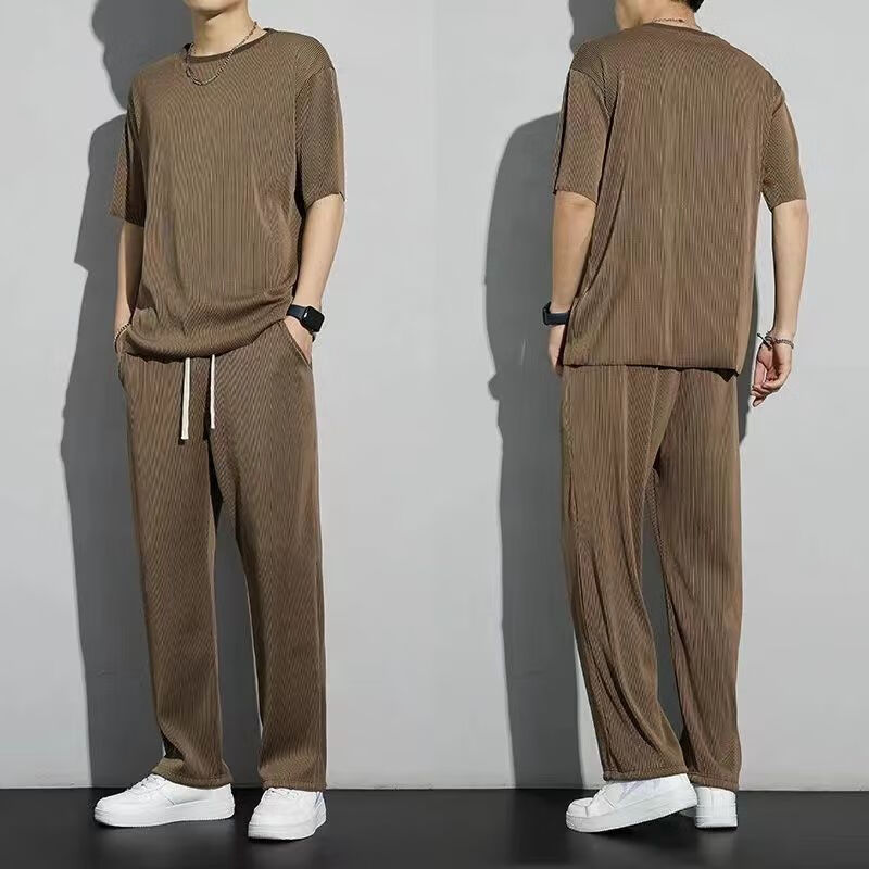 准俊男士衣服一套搭配冰丝运动套装男士夏季薄款休闲裤子 短裤黑色5 5XL