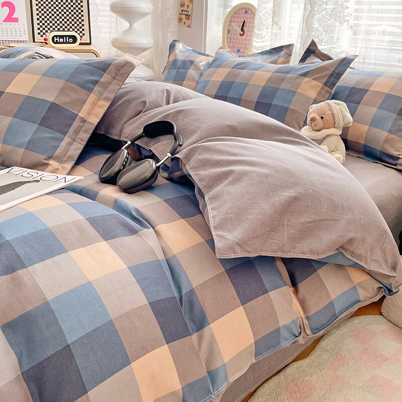羽匠加厚磨毛小清新印花四件套学生宿舍套件家用床单柔软四件套秋冬季 千趣格 床单款 三件套（被套150*200cm） 京东折扣/优惠券