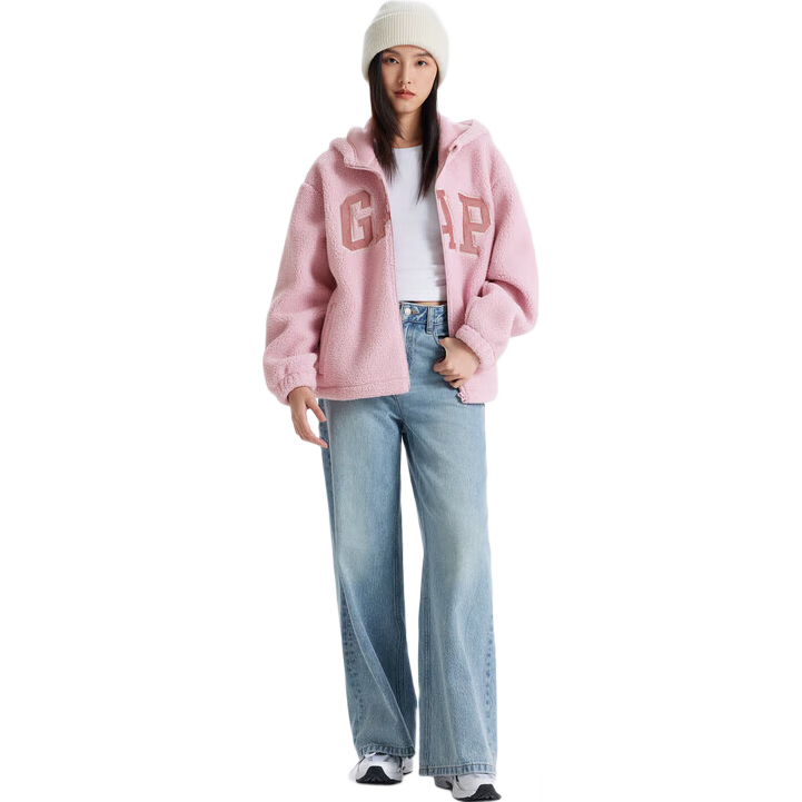 GAP女裝2024秋冬新款貼布繡logo仿羊羔絨連帽衛(wèi)衣加厚外套600757