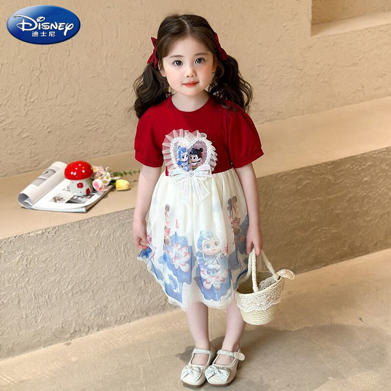 迪士尼（Disney）女童連衣裙夏裝2025新款連衣裙哪吒國風(fēng)款漢服裙女寶寶卡通連衣裙 紅色 90 碼