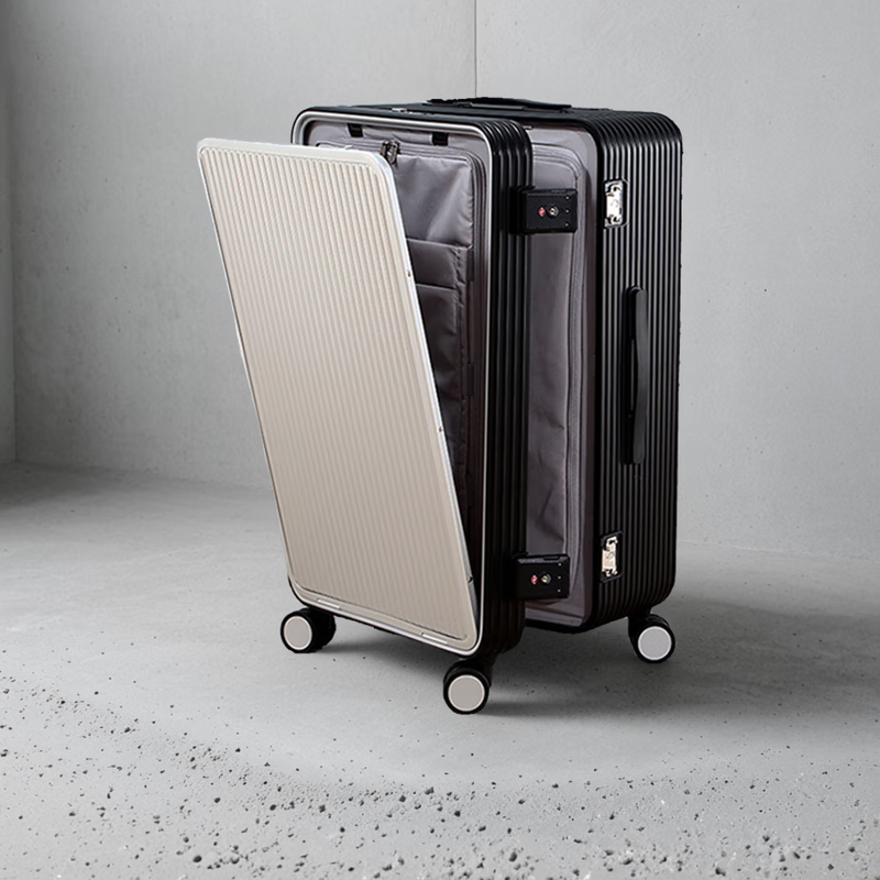 USHOW  TRAVEL日本工艺金属拉杆箱旅行箱箱子男女硬箱金属箱密码箱前开口行李箱 银配黑前开+侧开升级版- 22英寸