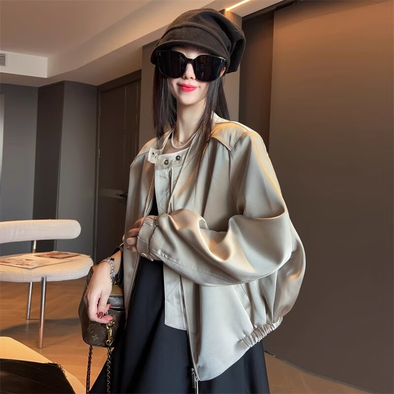 法克倫時(shí)尚緞面設(shè)計(jì)師外套女開春2025新款寬松休閑棒球服上衣潮個(gè)性洋氣 卡色 M