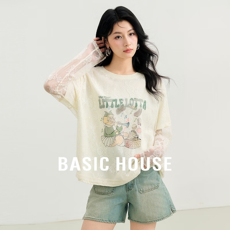 Basic House/百家好宽松假两件上衣女春夏新款刺绣蕾丝设计长袖T恤上衣 米色 S