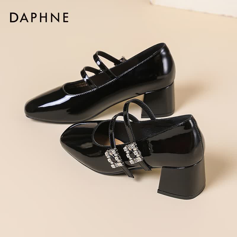 达芙妮玛丽珍女鞋2026春季新款粗跟方头高跟鞋女复古浅口皮鞋单鞋女ZJ 黑色【4.5cm粗跟】 40