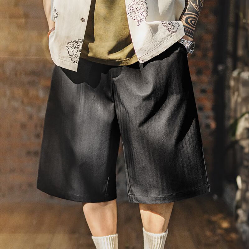 马登工装 美式复古cityboy短裤日系a字廓形阔腿七分裤子男春夏 黑色 宽松偏大 2XL