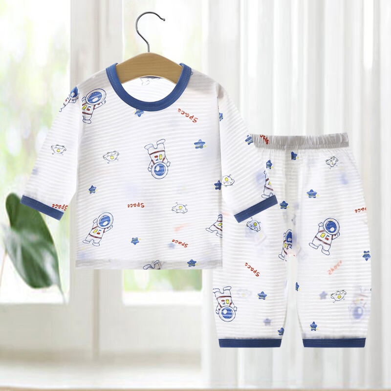 GOOFLORON儿童空调服睡衣宝宝家居服纯棉男童女童夏季套装七分长袖薄款透气 蓝色太空人 73 cm 建议14-18斤内