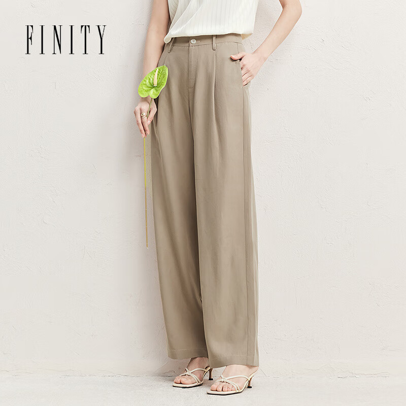 菲妮迪（FINITY）休闲裤2025年夏季新款简约高腰直筒百搭亚麻长裤子女 卡其色 L