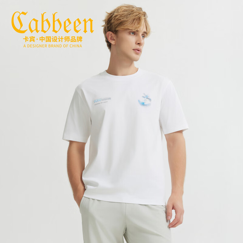 卡宾男装 时尚图案排版结合多种工艺短袖T恤夏季新款商场同款 米白 2XL /185/54
