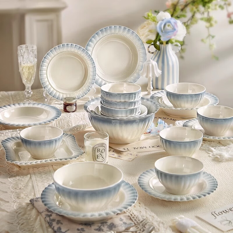 墨色高颜值碗碟家用餐具韩式感陶瓷碗盘乔迁新居礼盒罗兰套装36件