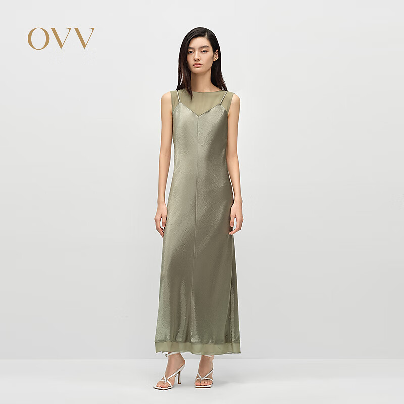 OVV2025春夏新款女装圆领雪纺纱拼接吊带缎面醋酸连衣裙 青苔绿 L