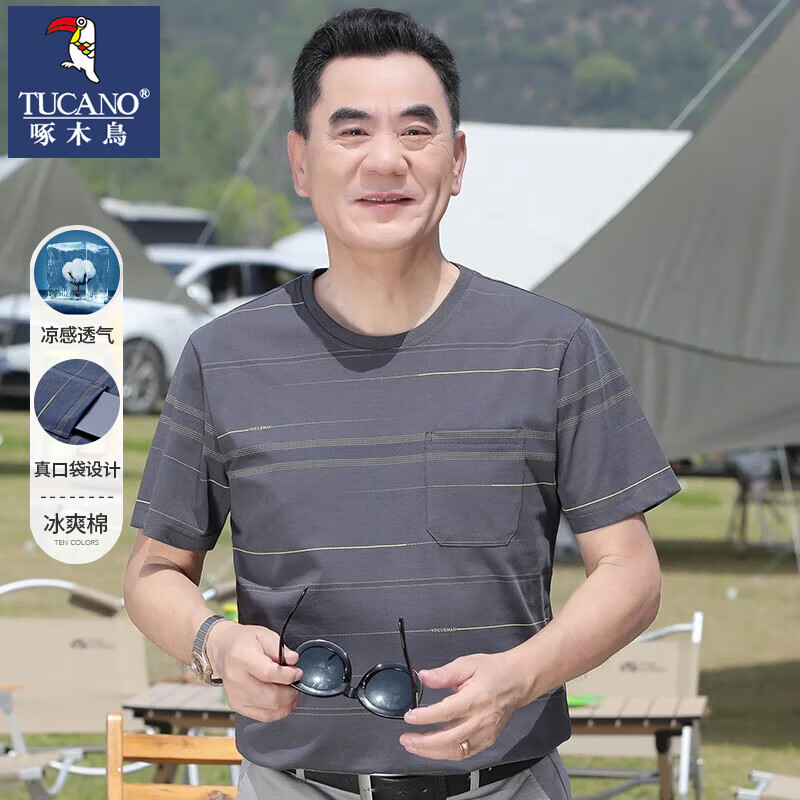 啄木鸟（TUCANO）爸爸夏装短袖t恤男夏季中年男士丝光棉t恤中老年男装条纹上衣男 YL33002灰色 M /165【建议90-110斤】