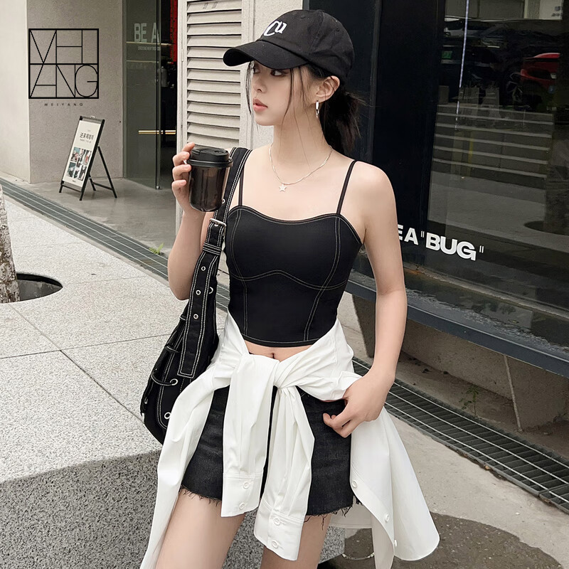 美洋（MEIYANG）虚线抹胸背心【半围裸感系列】带胸垫无痕吊带 黑色 M