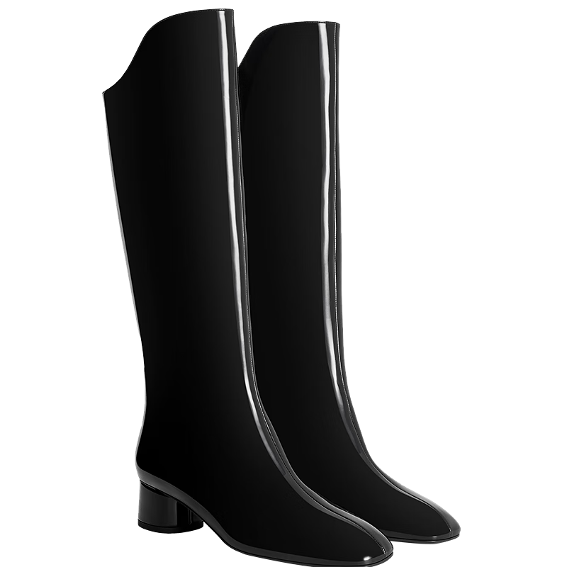 CHARLES&KEITH簡約漆皮粗跟高筒長靴騎士靴生日禮物CK1-90580200 Black Patent黑色 37 (235)