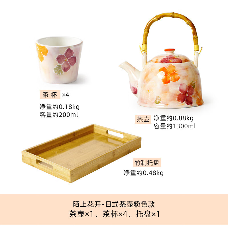 OMK欧美客小清新日式陶瓷茶水壶提梁壶釉下彩和风下午茶壶杯茶具 粉色款（一壶四杯一托无彩盒(送滤网)
