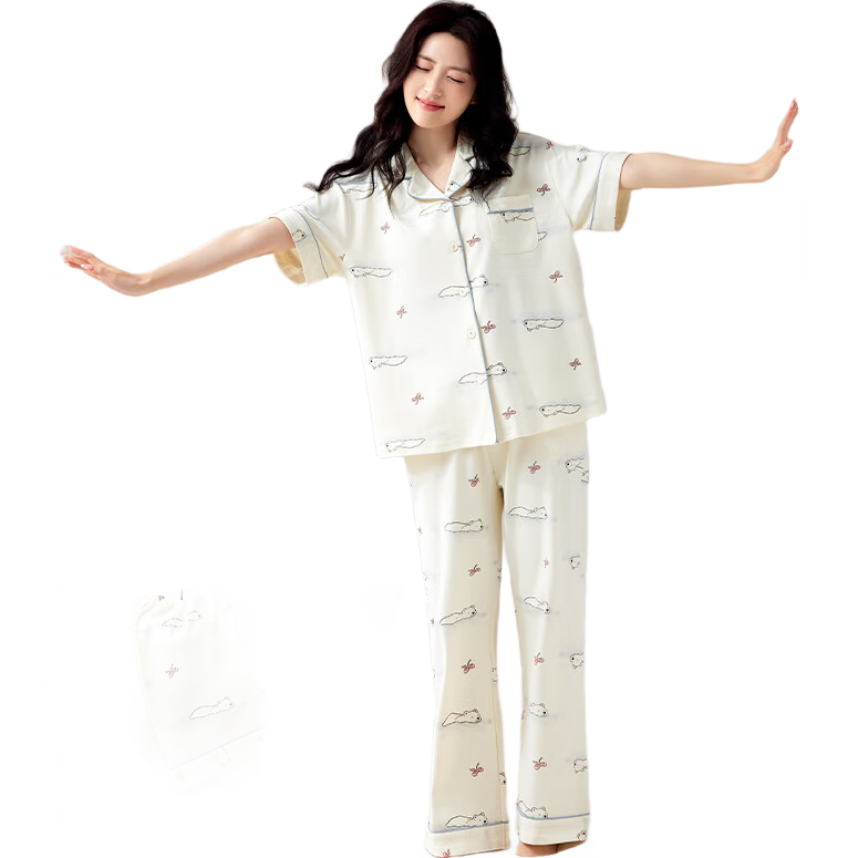 都市麗人女士睡衣女舒適100%純棉卡通印花柔軟春夏三件套家居服米色