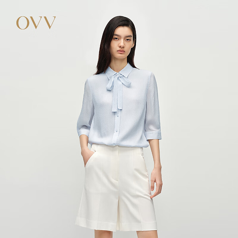 OVV2025春夏新款女装10.5MM泡泡绉肌理真丝短袖休闲衬衫 冰川蓝 L