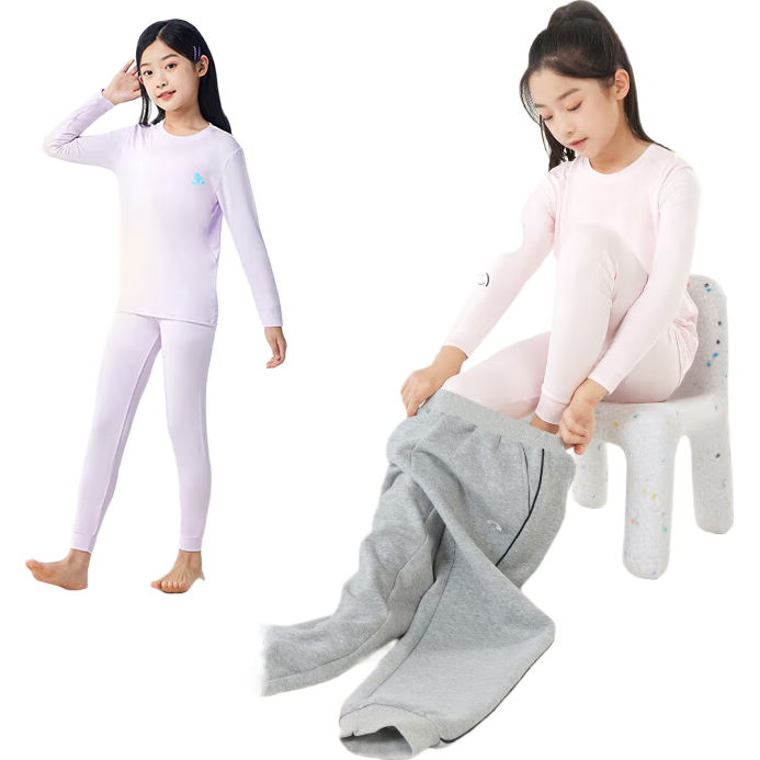 久歲伴【秒秒吸】兒童保暖內(nèi)衣女童薄款棉毛衫褲中大童吸濕排汗睡衣褲