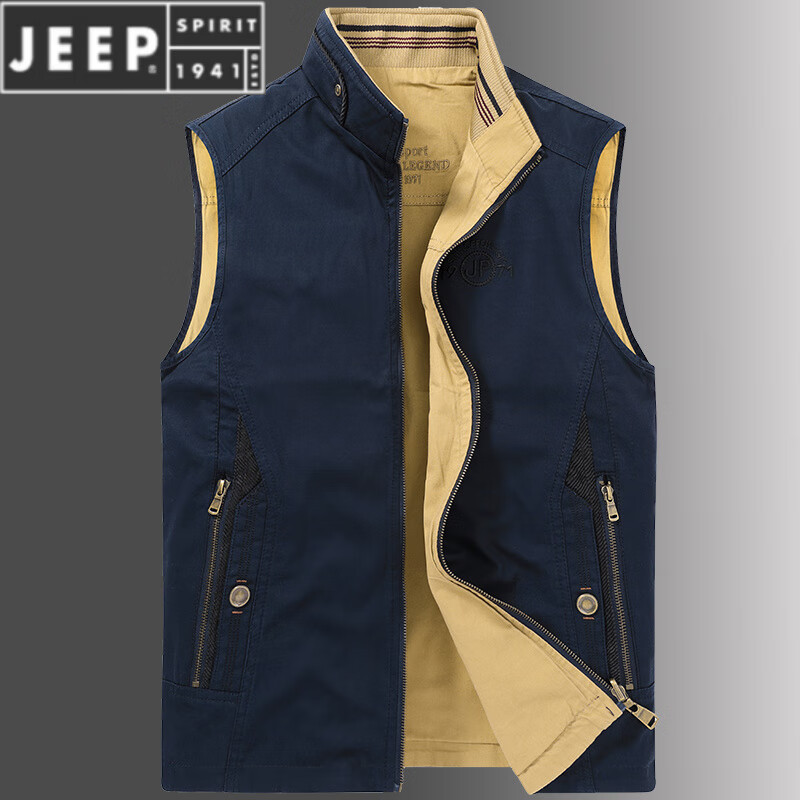 JEEP SPIRIT春秋新款男士马甲外套双面穿春秋棉质宽松休闲立领无袖坎肩男 深蓝色 L 建议110斤重左右