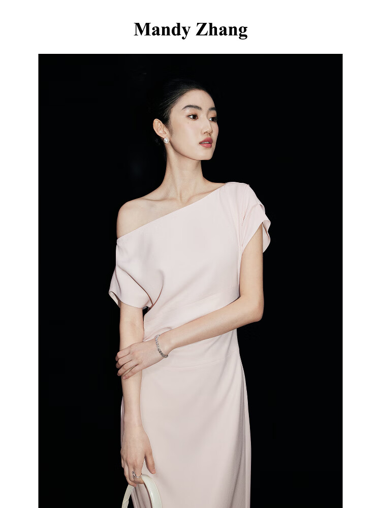 Mandy Zhang法式一字肩短袖粉色連衣裙女夏季設(shè)計感收腰輕禮服裙子 薔薇粉 S