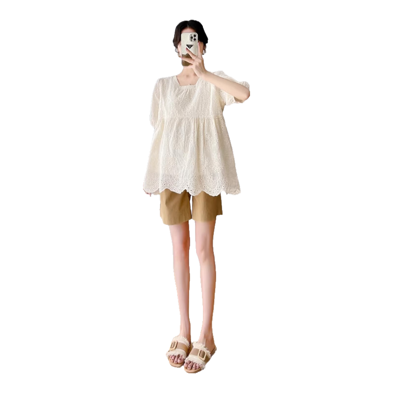 婧麒（JOYNCLEON）孕婦夏裝夏季薄款蕾絲鏤空短袖t恤寬松上衣孕婦短褲兩件套裝 杏色套裝Jtz50320 L