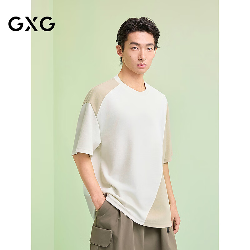 GXG男装 圆领T恤撞色拼接上衣短袖针织 2025夏季新品 米白/浅卡其 M