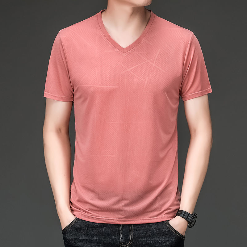 夏季新款男士冰丝短袖t恤宽松休闲体恤衫中年半袖男装上衣s 619-洋红