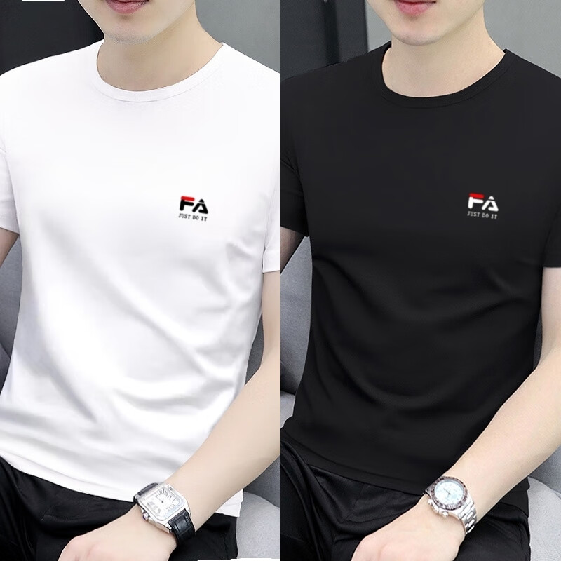 KRDUGBR短袖t恤男士圆领100纯棉三防打底衫内搭夏季修身夏装百搭半袖体恤 白+黑 【两件装】 L 【120-135斤】