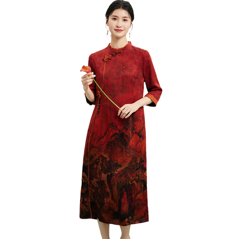 金菊【重磅非遺香云紗】真絲100%桑蠶絲印花2025夏季新款旗袍女連衣裙