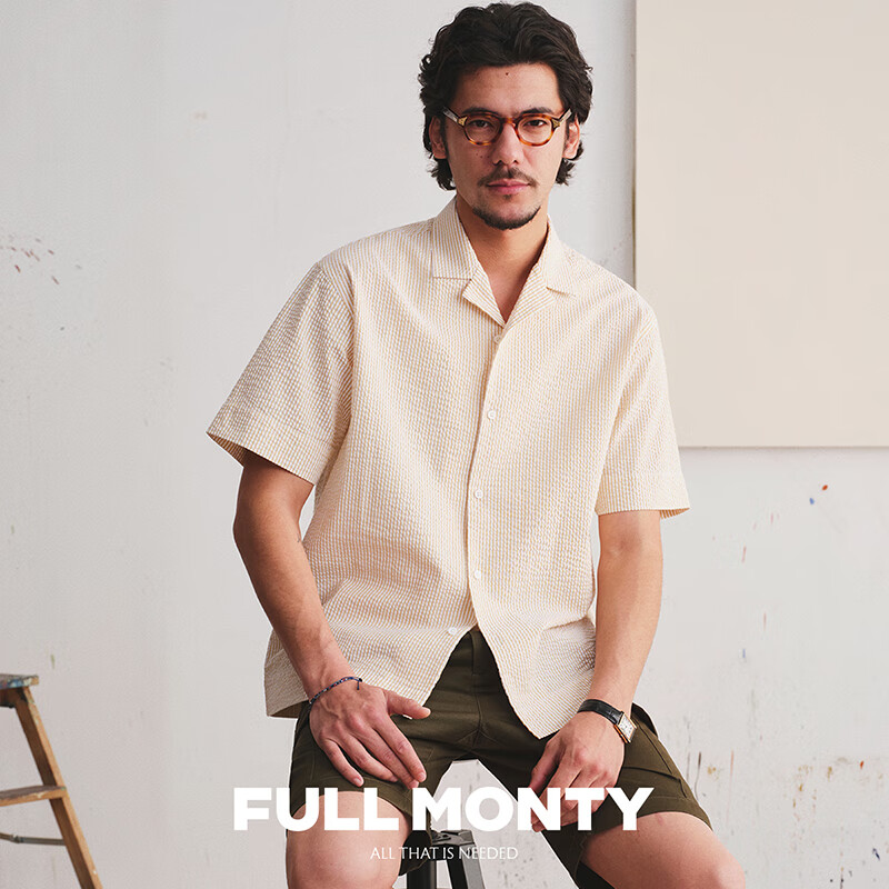 FULL MONTY【泡泡纱】条纹短袖衬衫男士夏威夷古巴领半袖宽松廓形衬衣外套 黄色2791 S