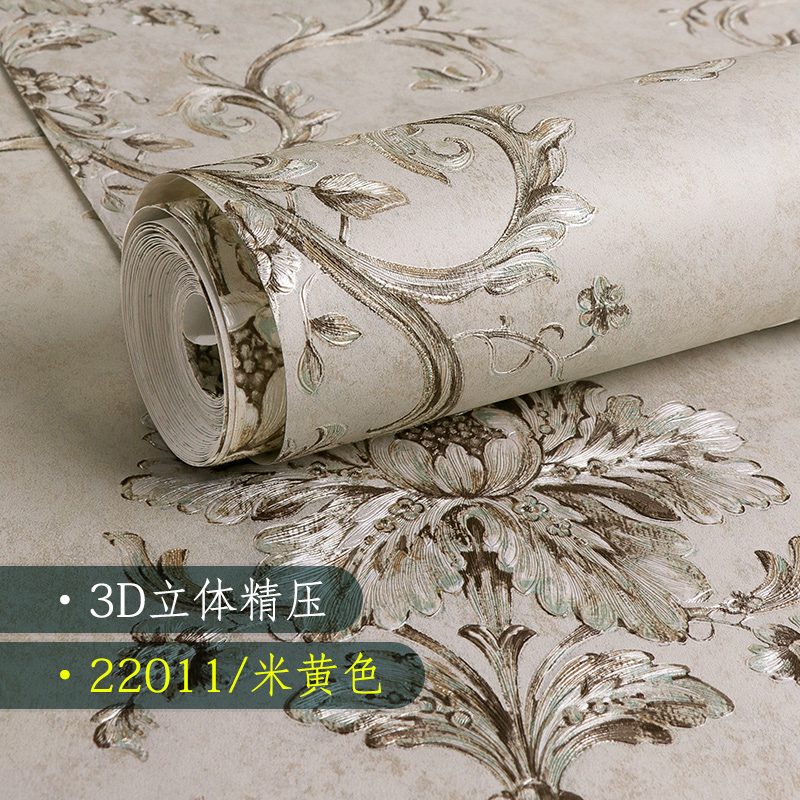 3d立體浮雕歐式無紡布大馬士革壁紙臥室客廳背景墻墻紙非自粘 22011/米黃色 僅墻紙