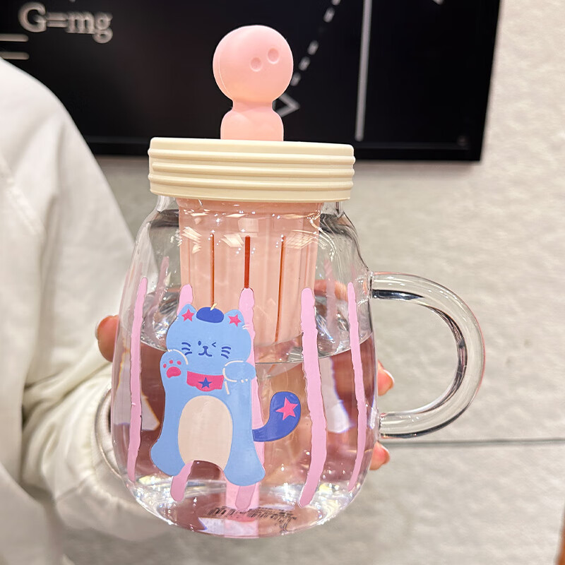 启诺可爱玻璃杯女高颜值大容量水杯2025新款家用办公室耐高温泡茶杯子 粉色1000ML