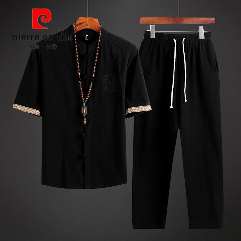 皮爾卡丹（PIERRE CARDIN）中國(guó)風(fēng)男裝夏季薄款亞麻套裝男中式唐裝漢服兩件套復(fù)古棉麻茶禪服 黑色(7056) 2XL 參考體重135-145斤