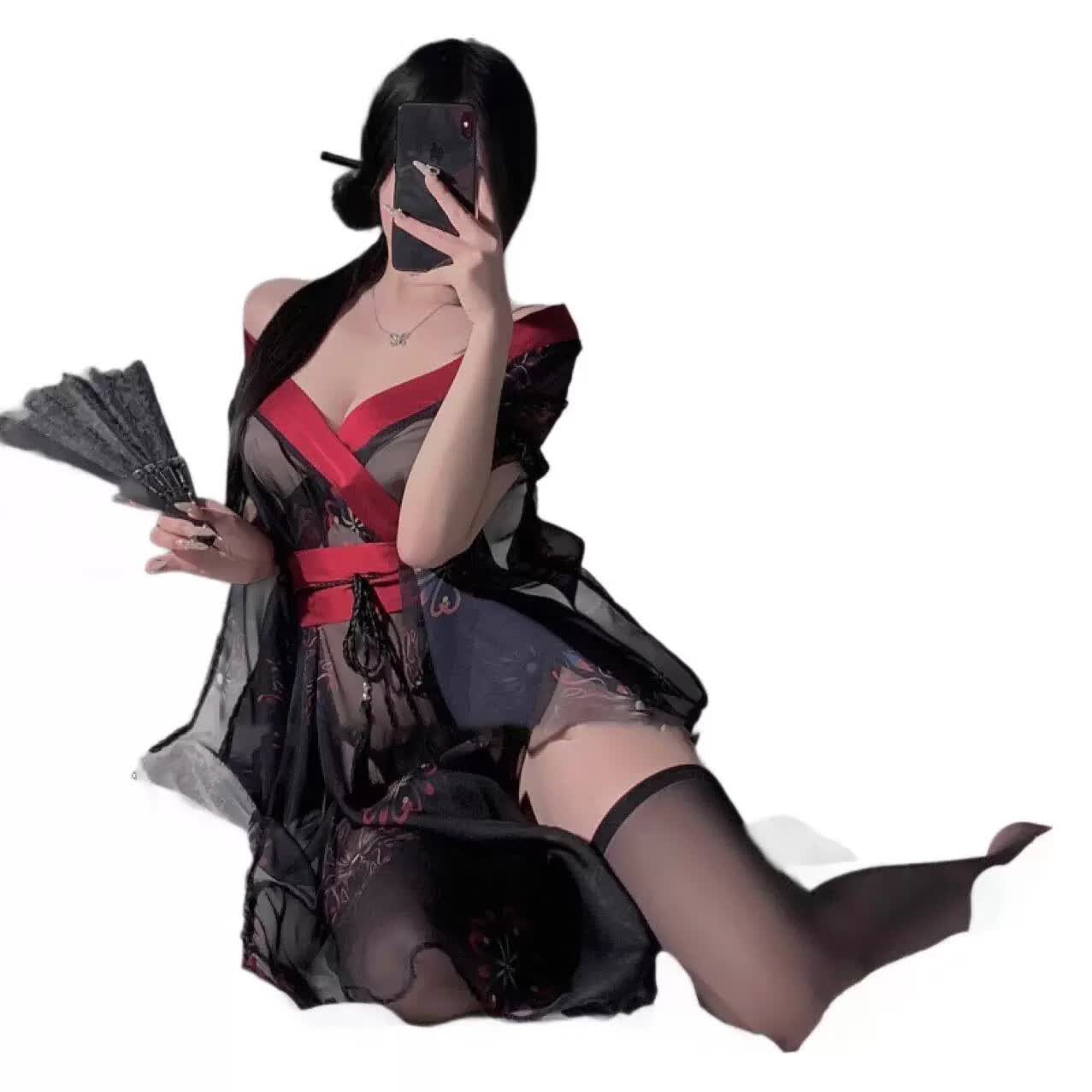 GEEZORO古风性感睡衣女纯欲风内衣套装夏小胸床上免脱方便房事汉服战袍 黑色套装 均码