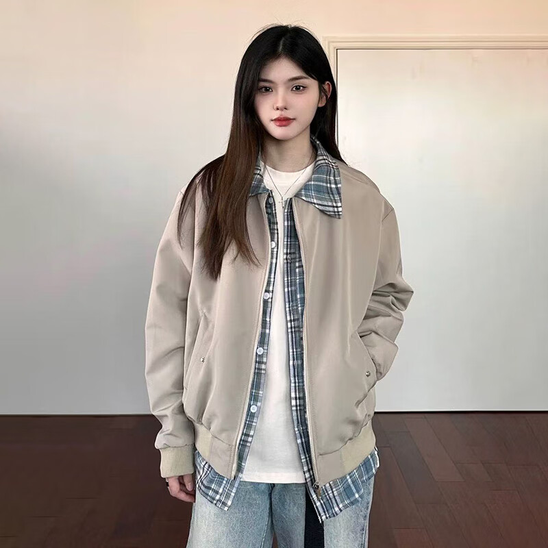 GREATLUIA夹克男春秋季新款美式复古假两件格子内衬情侣款潮流百搭翻领夹克 卡其 XL 京东折扣/优惠券