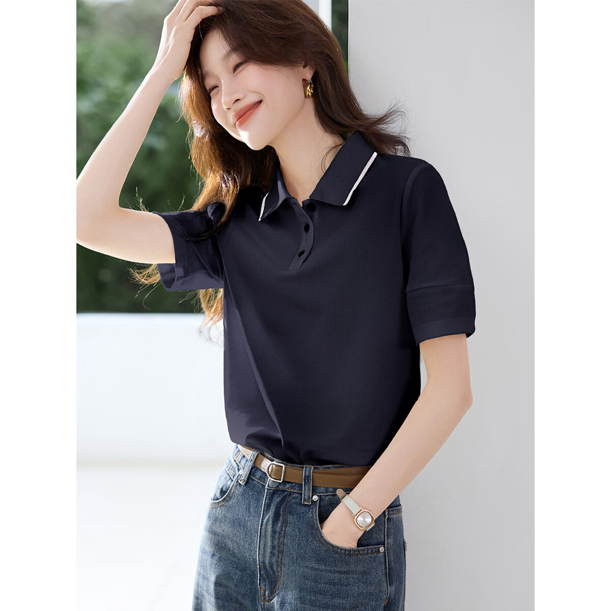 沫晗依美【休闲撞色POLO短袖女衬衫】2025春夏新款休闲显瘦女衬衫 藏青色 M