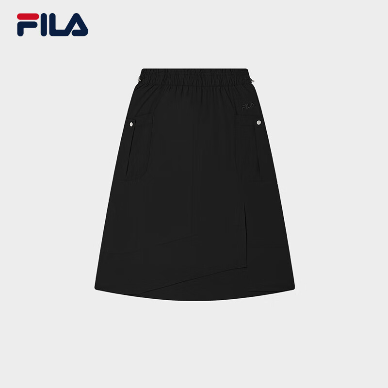 FILA 斐樂官方女士梭織裙2025秋季新款休閑舒適半身裙及膝裙傘裙 正黑色-BK M 165/66A/M