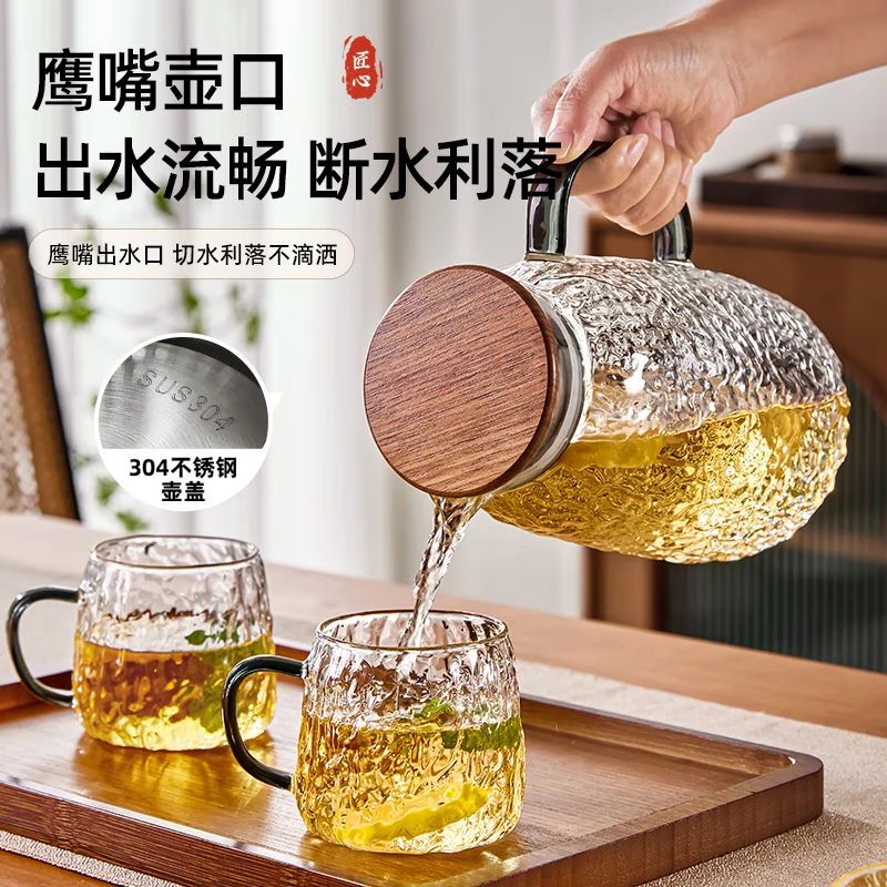 雅港高硼硅玻璃水杯待客轻奢高档茶杯客人杯6只杯子水杯套装家用一套 【冰川款】6杯+水壶+杯架+大托盘