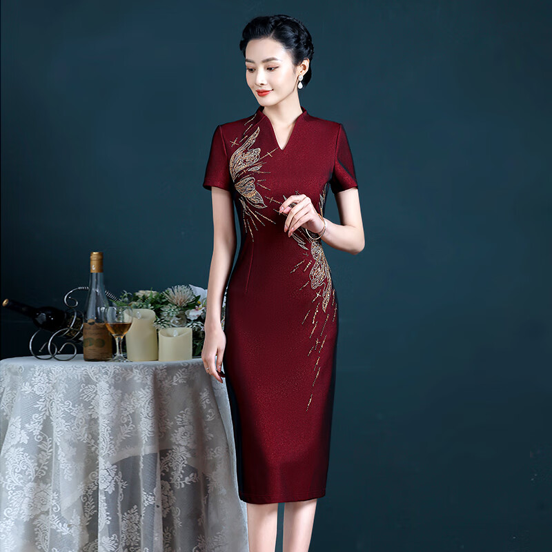 卡悠萊（KAYOULAI）婚禮媽媽裝高檔禮服平時(shí)可穿的喜婆婆婚宴平時(shí)可穿喜婚宴高貴大碼 酒紅色60772B短袖夏 XL(110-120斤) 均碼