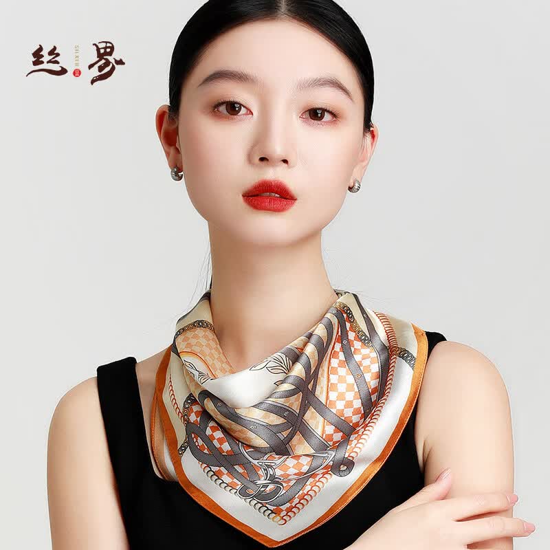 丝界高档真丝小方巾女夏季系脖高级感丝巾桑蚕丝领巾送妈妈母亲节礼物 链条黄 53*53