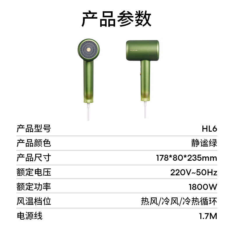 直白【国家补贴】水离子电吹风机家用大风力速干吹风筒大功率冷热循环风定制礼盒七夕情人节礼物 HL6绿
