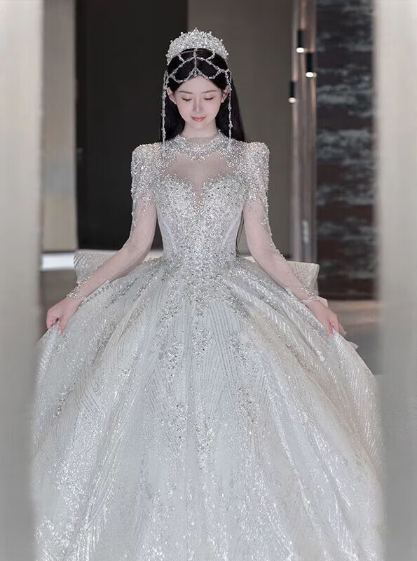 南月奚婚紗新娘主紗2025高級感法式輕婚紗新娘2025新款重工長袖奢華復(fù)古 齊地款 無配飾 M
