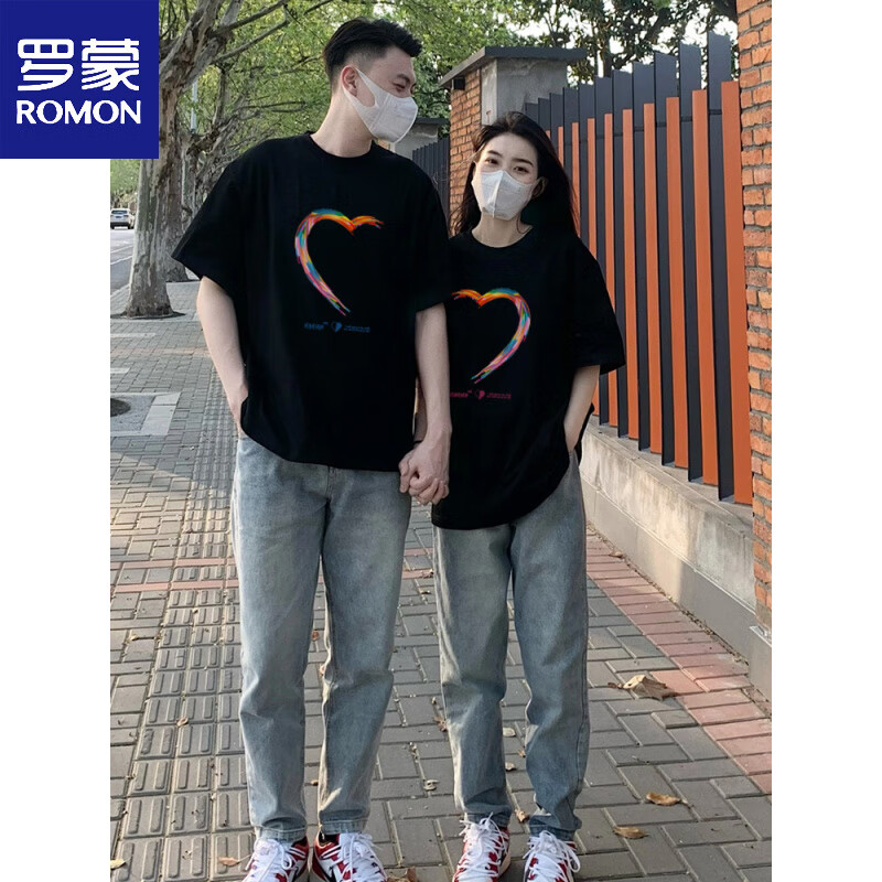 罗蒙（ROMON）情侣装早春2026新款潮牌设计感夏装纯棉宽松情侣套装短袖t恤班服 白色男+白色女 S M =男M+女S
