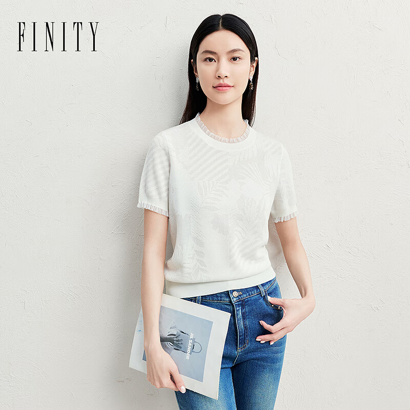 菲妮迪（FINITY）雪纺衫2025夏新款简约花边领设计百搭减龄短袖上衣女 白色 L