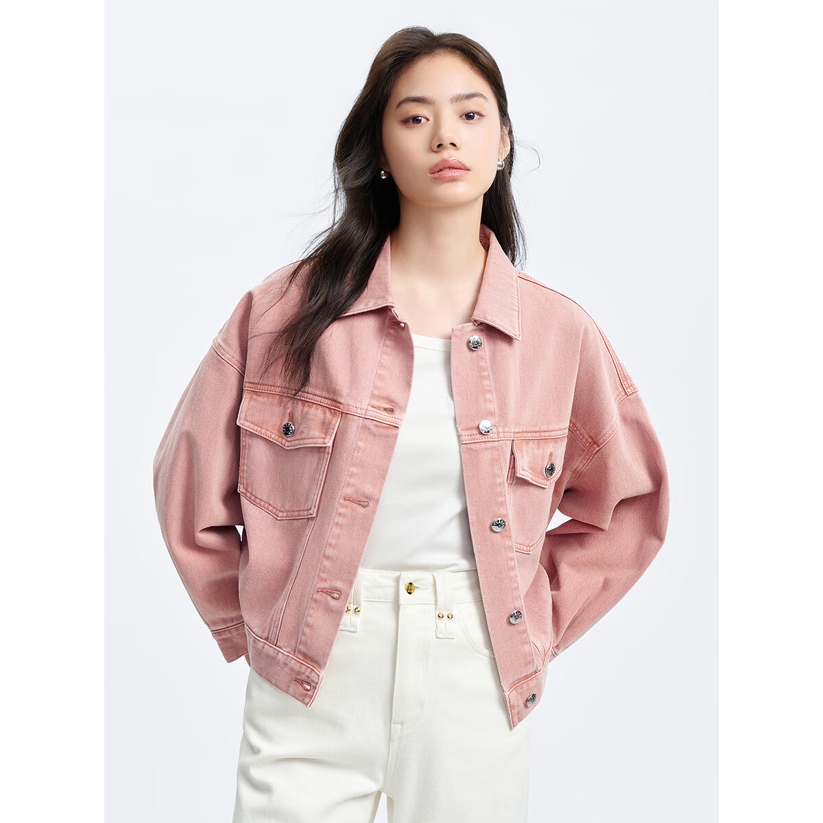 太平鸟灯笼袖纯棉牛仔外套女2025春装宽松时尚牛仔上衣外搭 粉色1 S