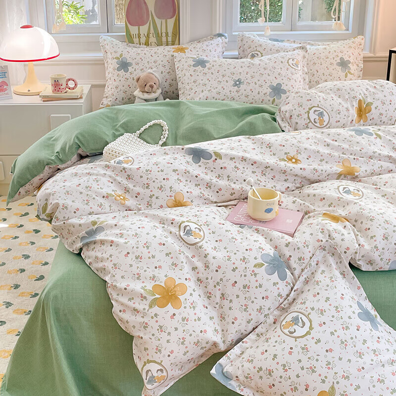 软贝小清新四件套 透气亲肤印花卡通简约田园风被套床单款套件 小家碧玉 2.0m床单款四件套被套200*230cm