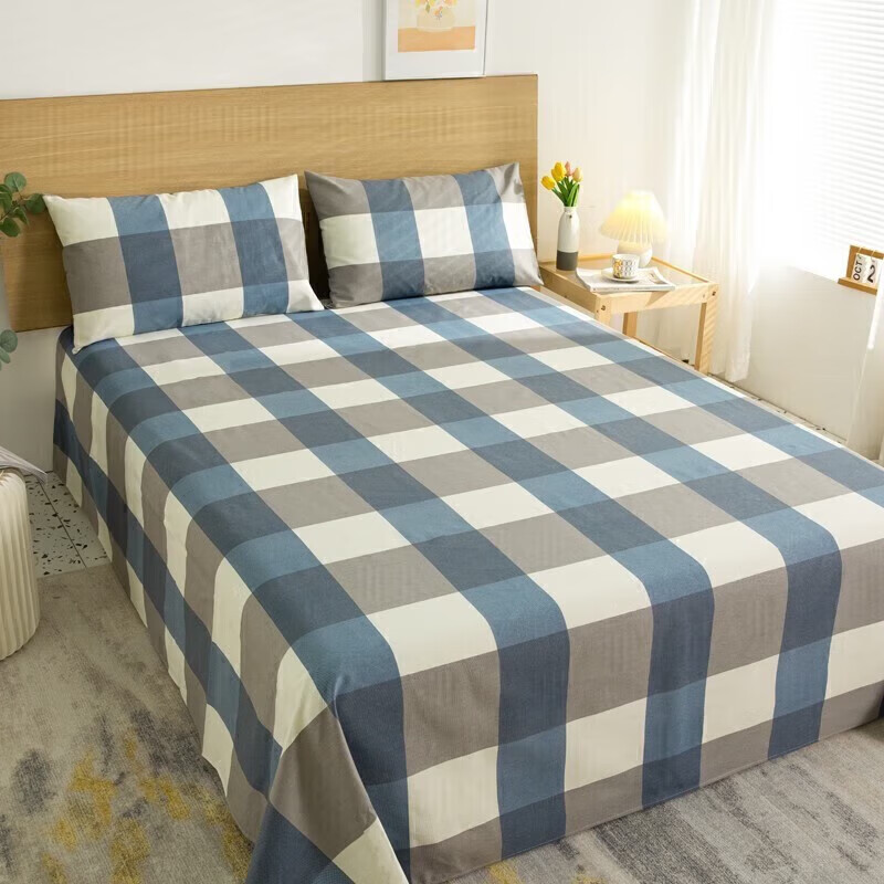 软贝原棉老粗布床单简约格子床单床上用品可水洗老粗布床单 蓝格 230*240cm床单+枕套一对